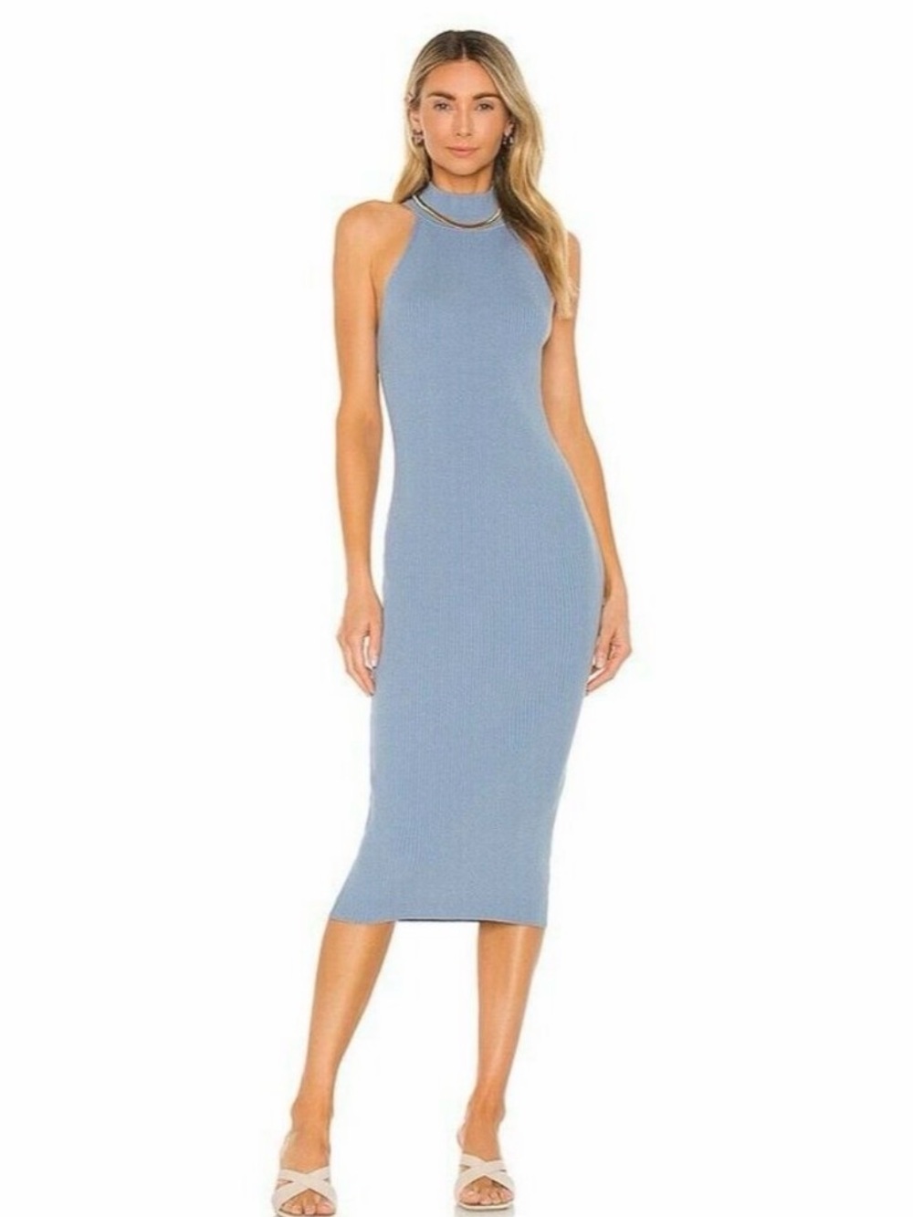 Line & Dot Danielle Mock Neck Ribbed Midi Dress Blue